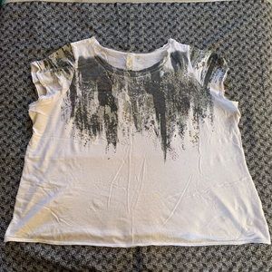 White shirt with black and grey streaks and embroidered with grey and small dots